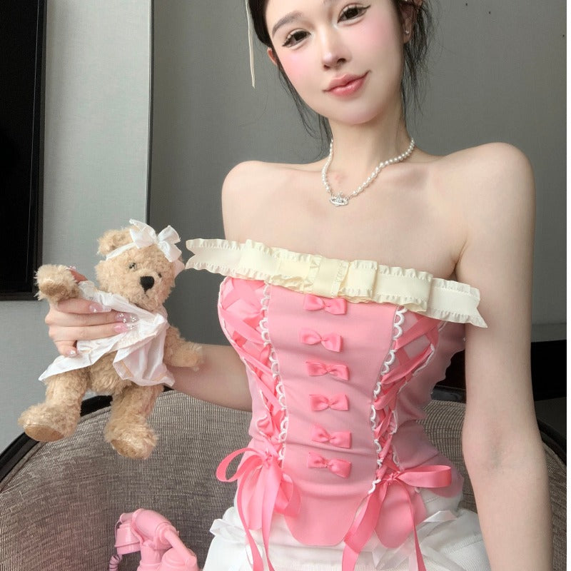 Bow tube top + lace cake skirt HA2257