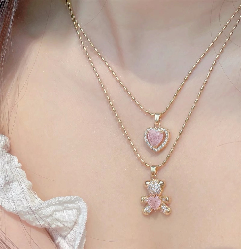 Pink Heartbeat Bear Pendant Necklace HA2404