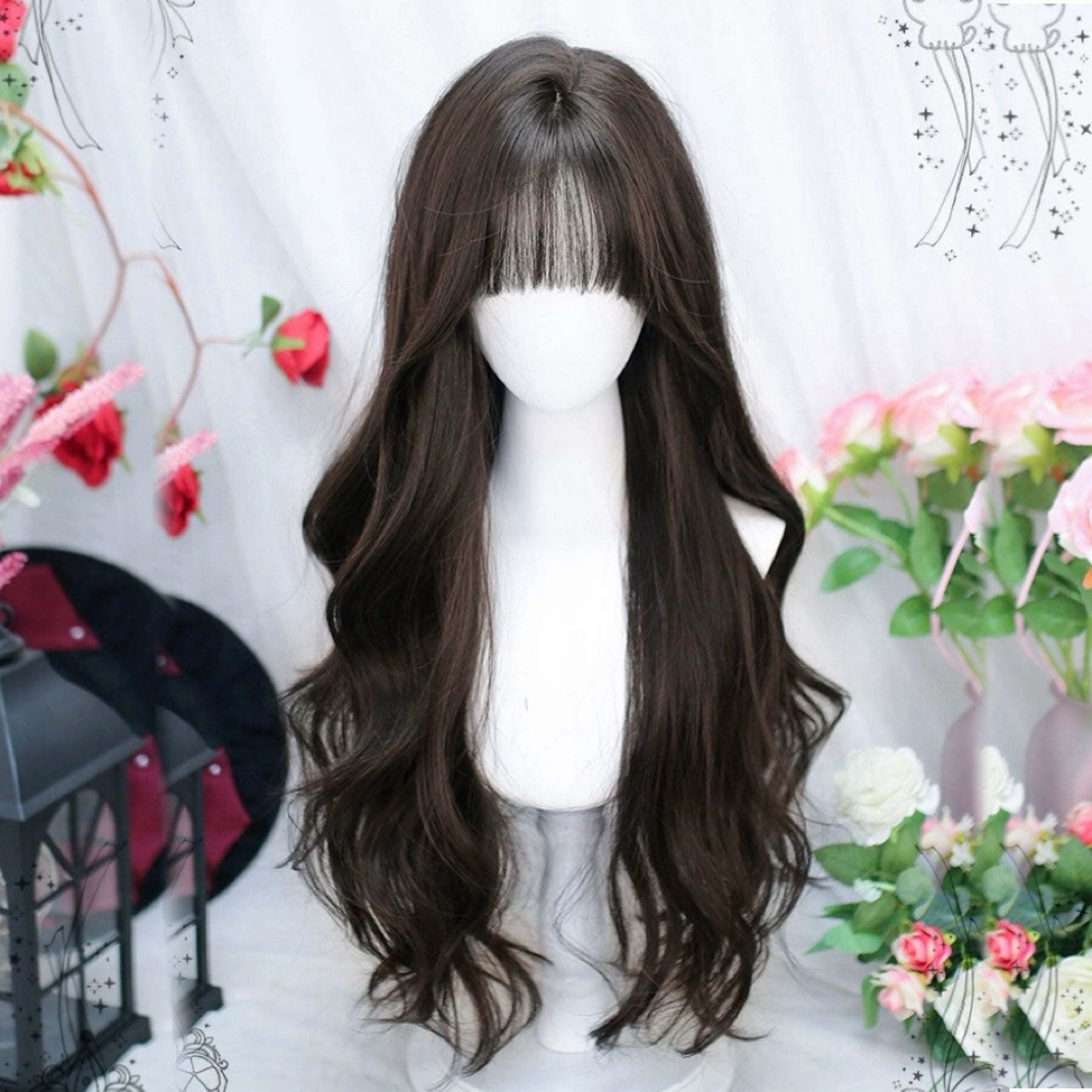 Brown long curly wig HA2407