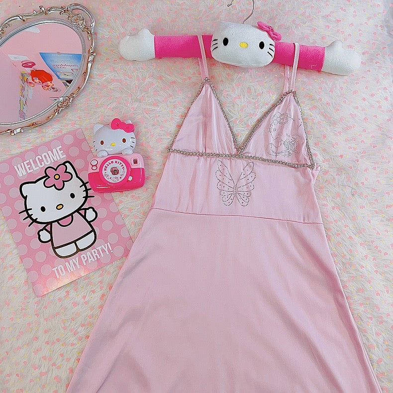 Butterfly rhinestone pink suspender dress HA2461