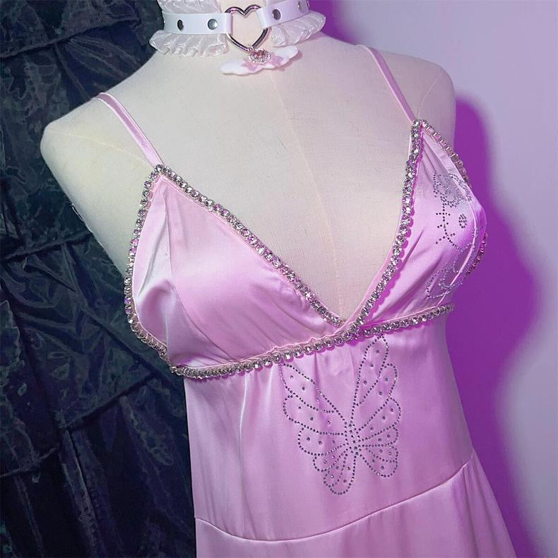 Butterfly rhinestone pink suspender dress HA2461