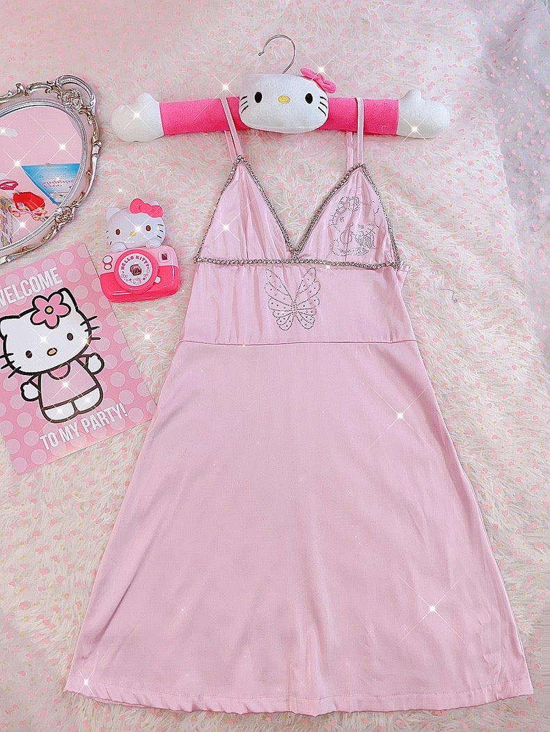 Butterfly rhinestone pink suspender dress HA2461