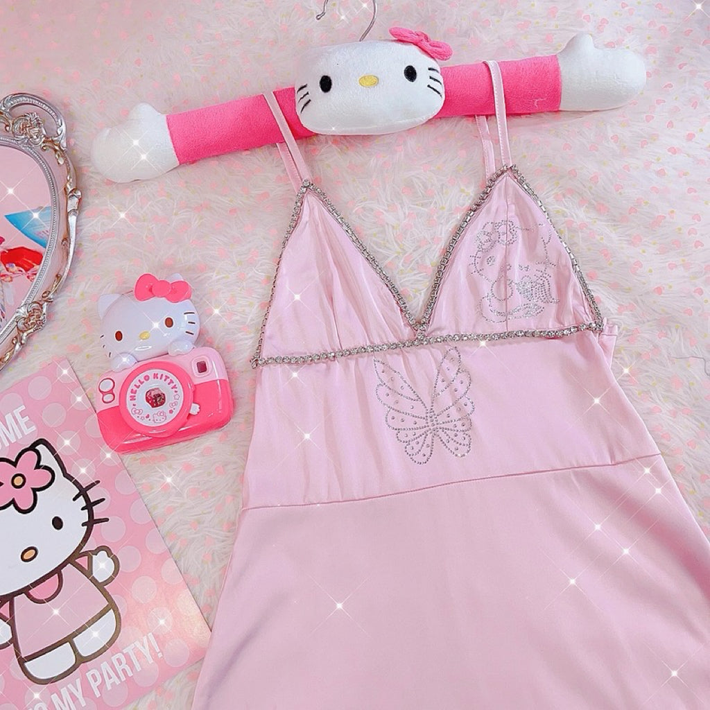 Butterfly rhinestone pink suspender dress HA2461