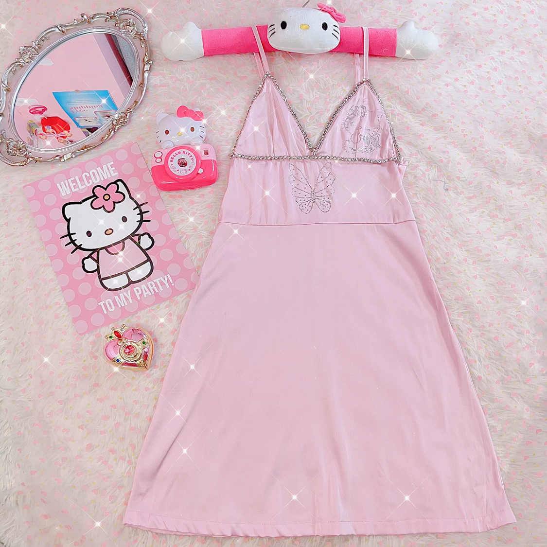 Butterfly rhinestone pink suspender dress HA2461