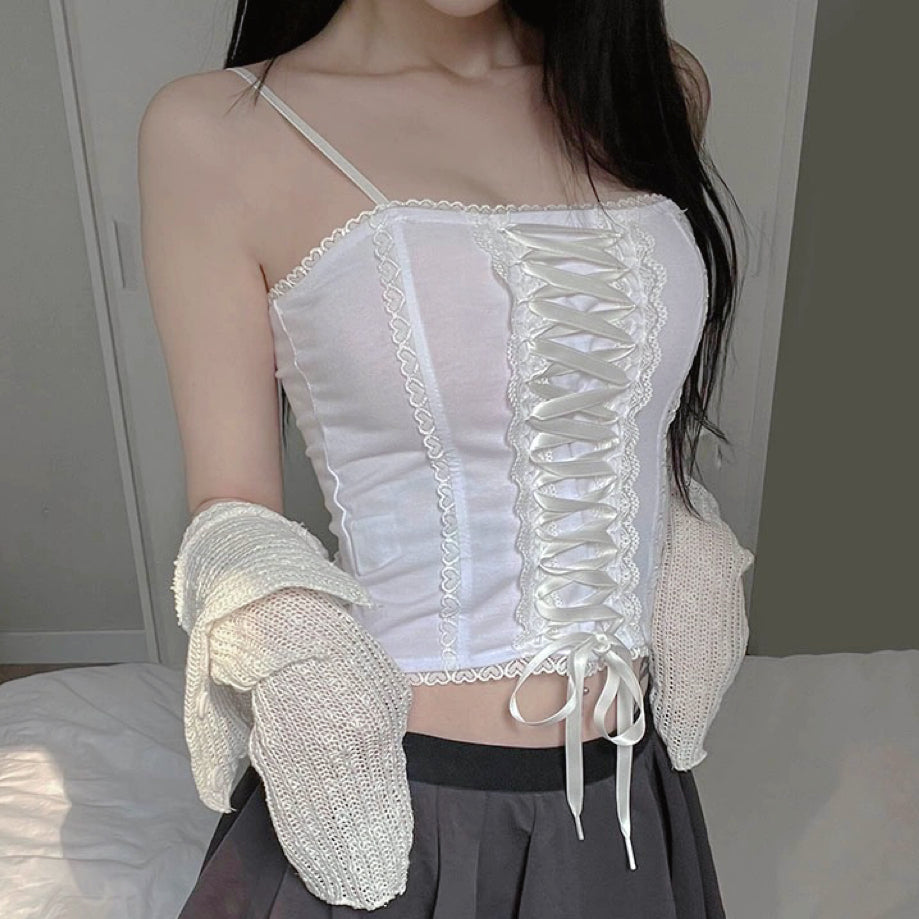 Cross tie heart lace top HA2100