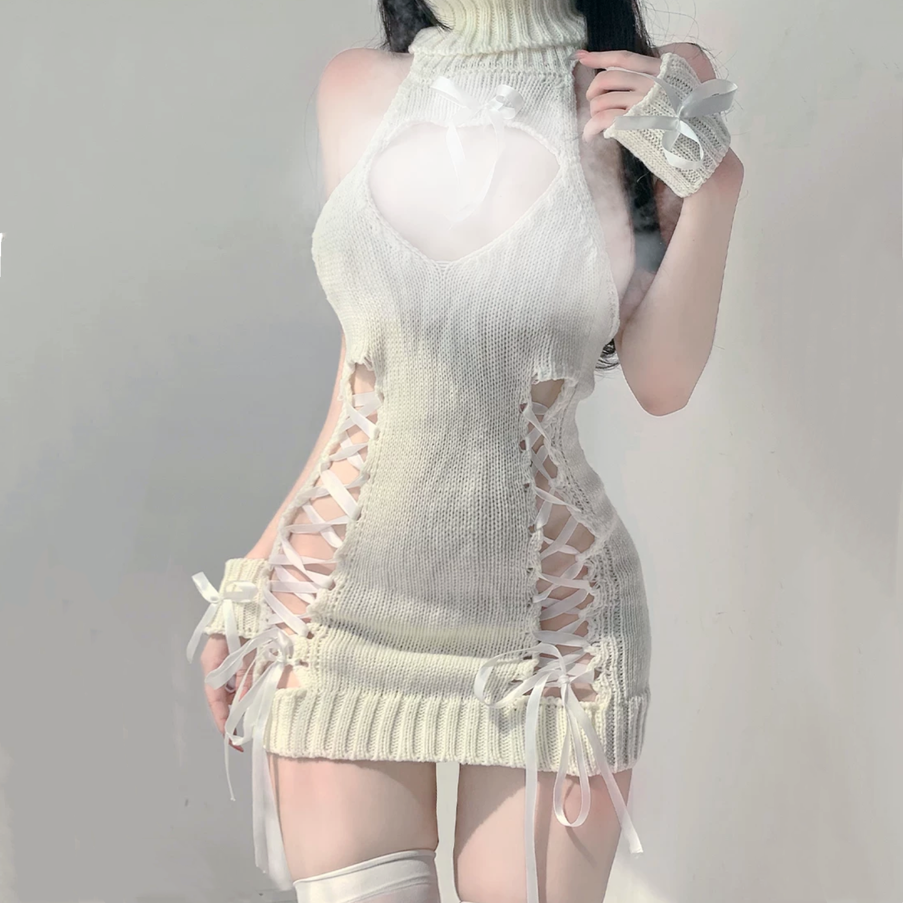 Deep V Turtleneck Hollow Tie Sweater HA2117