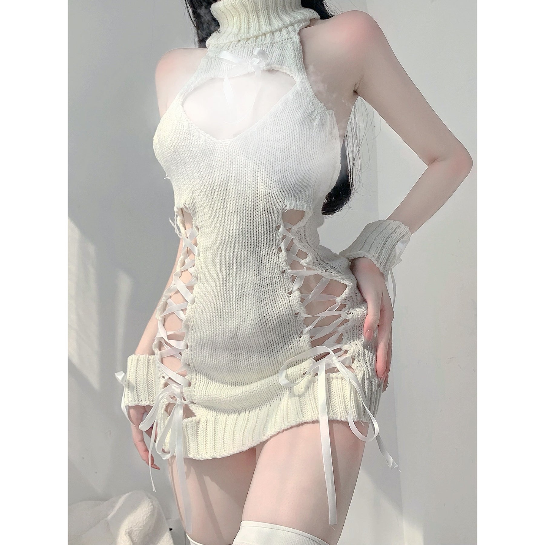 Deep V Turtleneck Hollow Tie Sweater HA2117