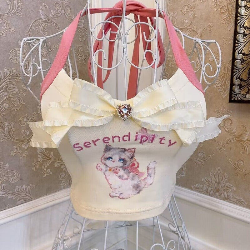 Cat Print Bow Heart Halter Vest HA1873