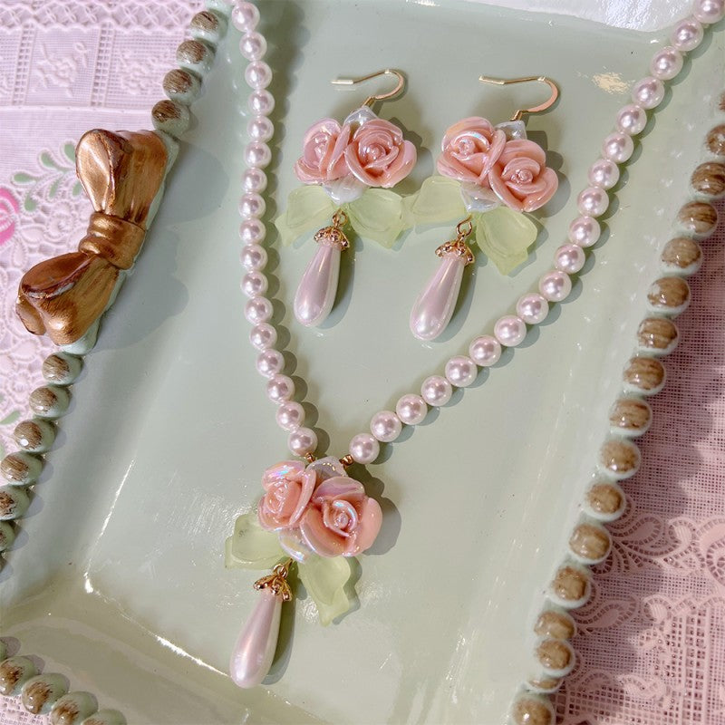 Ceramic Rose Pearl Necklace Earrings   HA1842