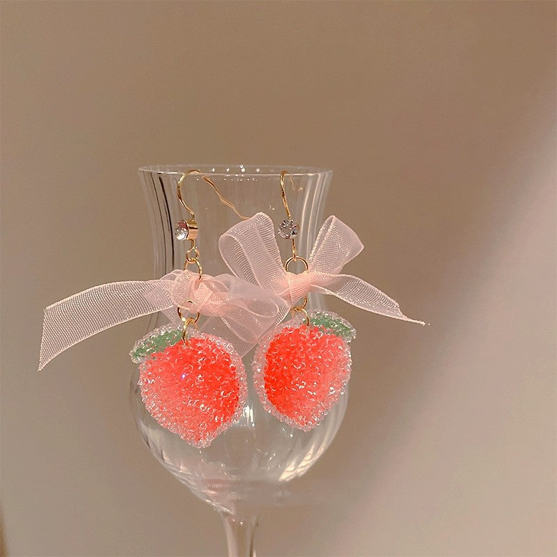 Big Pink Bow Strawberry Earrings   HA1969