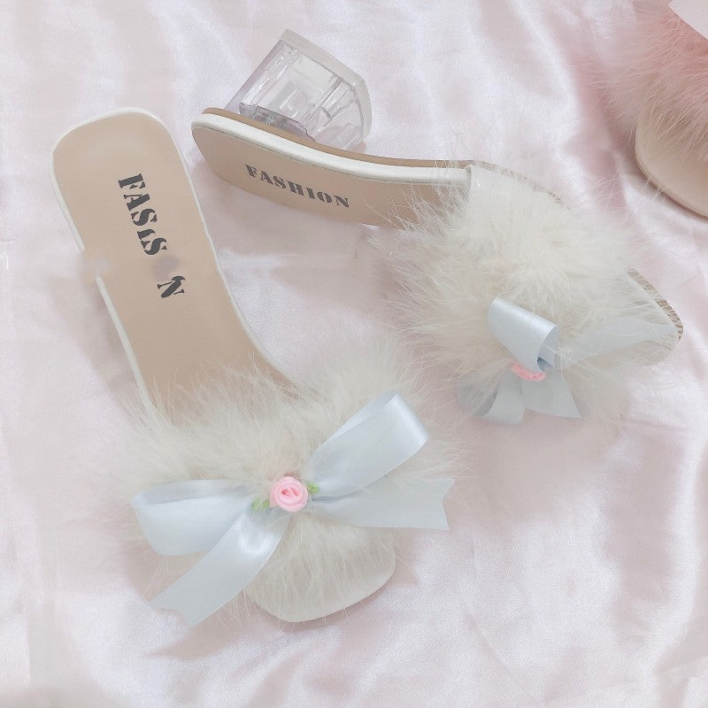 Sweet bow furry chunky heel sandals   HA1913