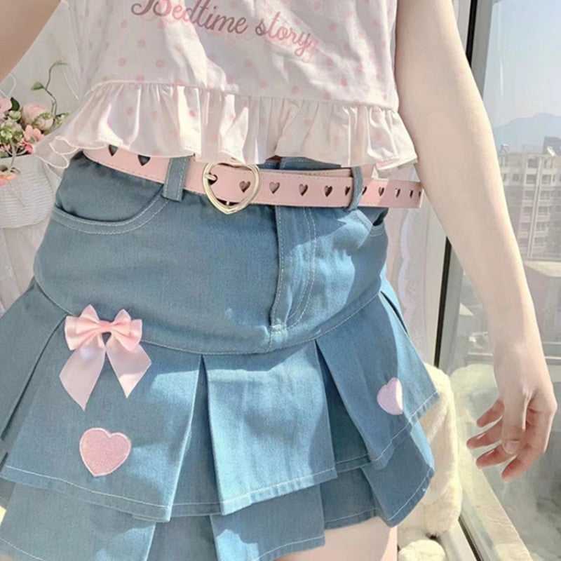 Bow Double Layer Denim Skirt   HA1782