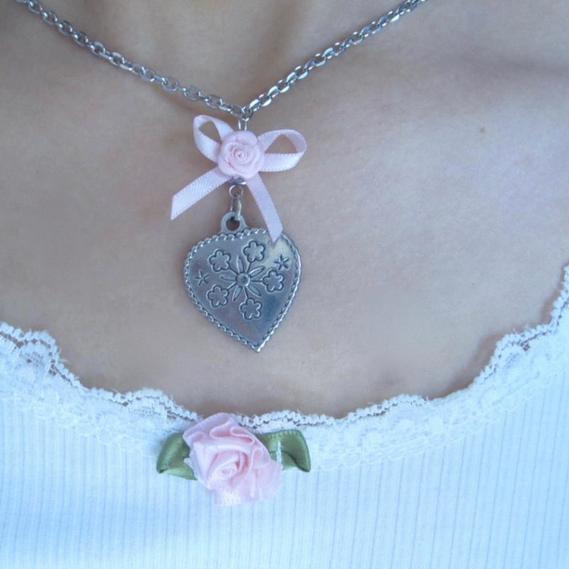 Pink Heart Rose Butterfly Necklace   HA2177
