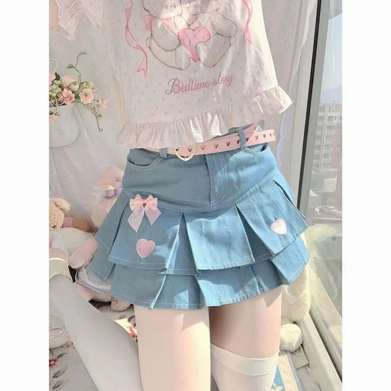 Bow Double Layer Denim Skirt   HA1782