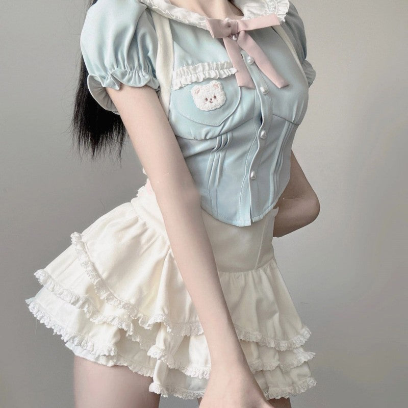 Doll collar top suspenders cake skirt sweet two-piece set HA1955