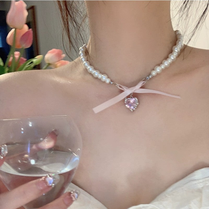 Sweet Heart Bowknot Pearl Necklace   HA1941