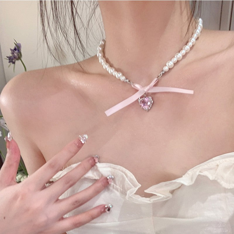 Sweet Heart Bowknot Pearl Necklace   HA1941