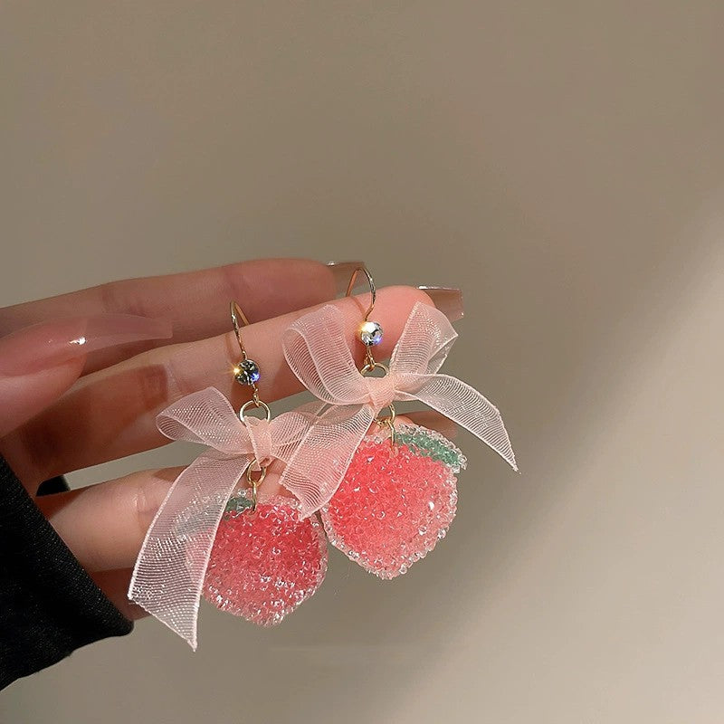 Big Pink Bow Strawberry Earrings   HA1969
