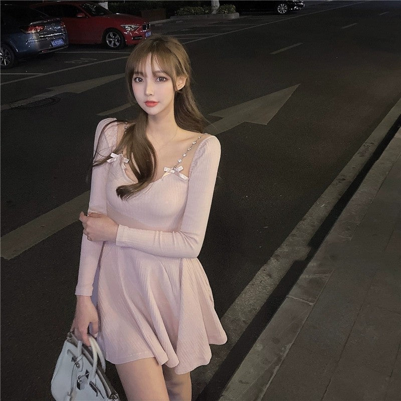 Bow Knot Long Sleeve Waist Knit Dress   HA2131