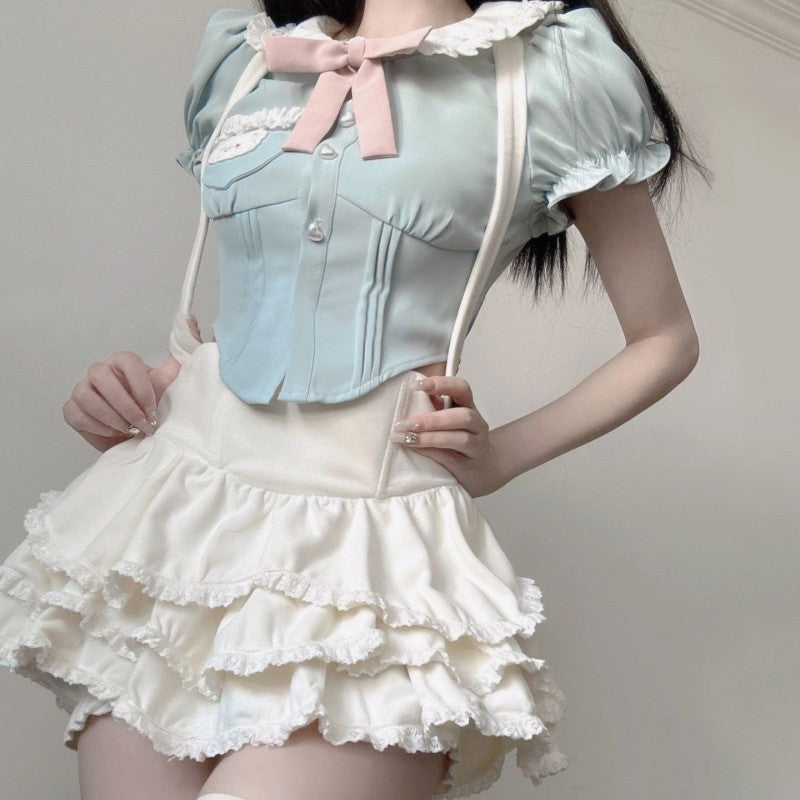 Doll collar top suspenders cake skirt sweet two-piece set HA1955