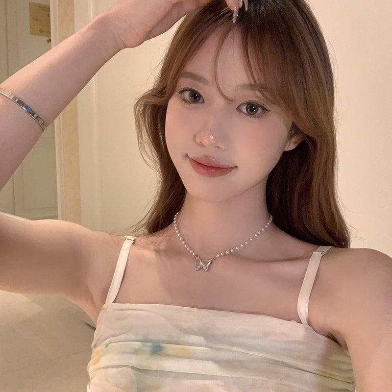 Crystal Butterfly Pearl Necklace  HA2157