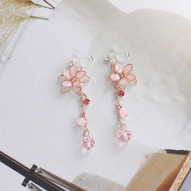 Pink Cherry Blossom Crystal Earrings Earrings Ear Clips   HA1994