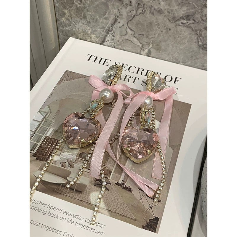 Girly pink bow rhinestone earrings  HA1970