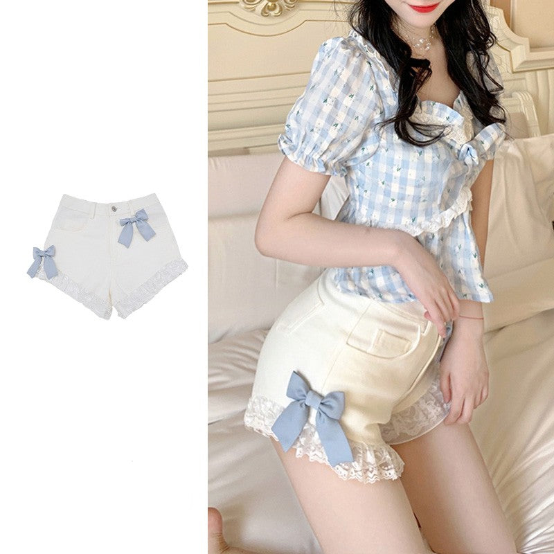 Sweet Bow Lace Denim Shorts