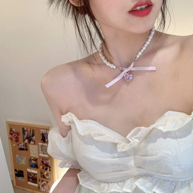 Sweet Heart Bowknot Pearl Necklace   HA1941