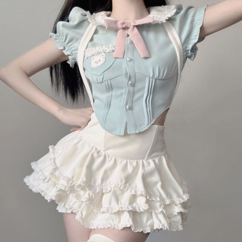 Doll collar top suspenders cake skirt sweet two-piece set HA1955