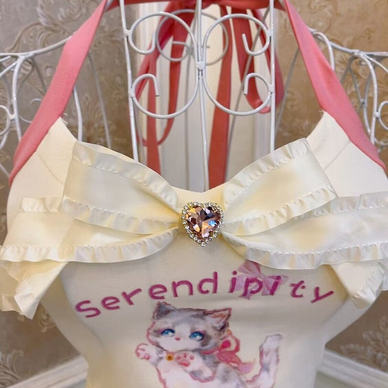 Cat Print Bow Heart Halter Vest HA1873