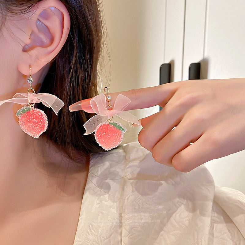 Big Pink Bow Strawberry Earrings   HA1969