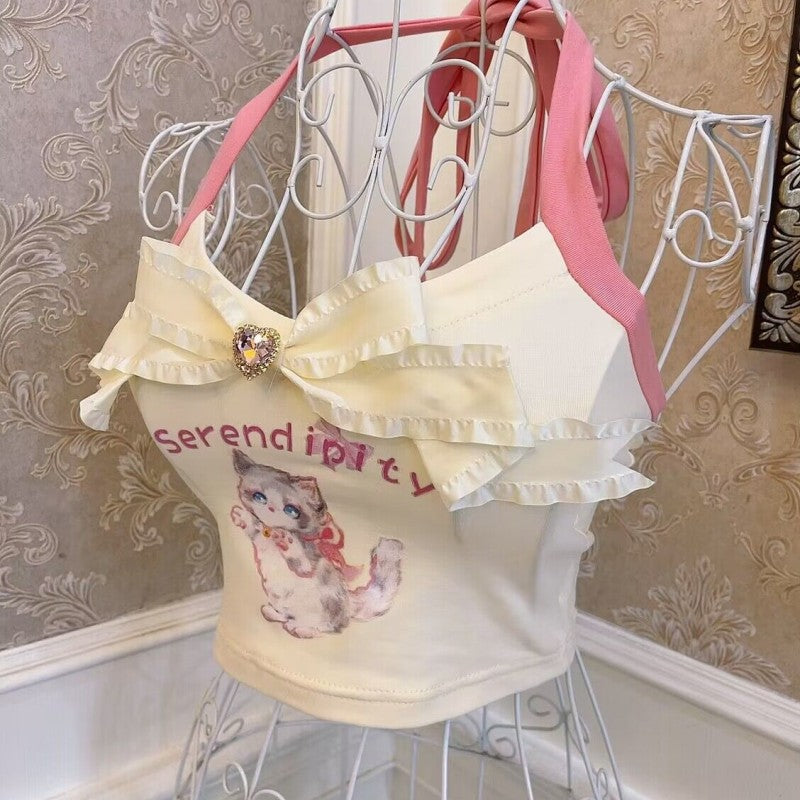Cat Print Bow Heart Halter Vest HA1873