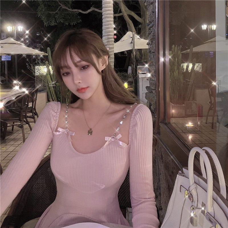 Bow Knot Long Sleeve Waist Knit Dress   HA2131