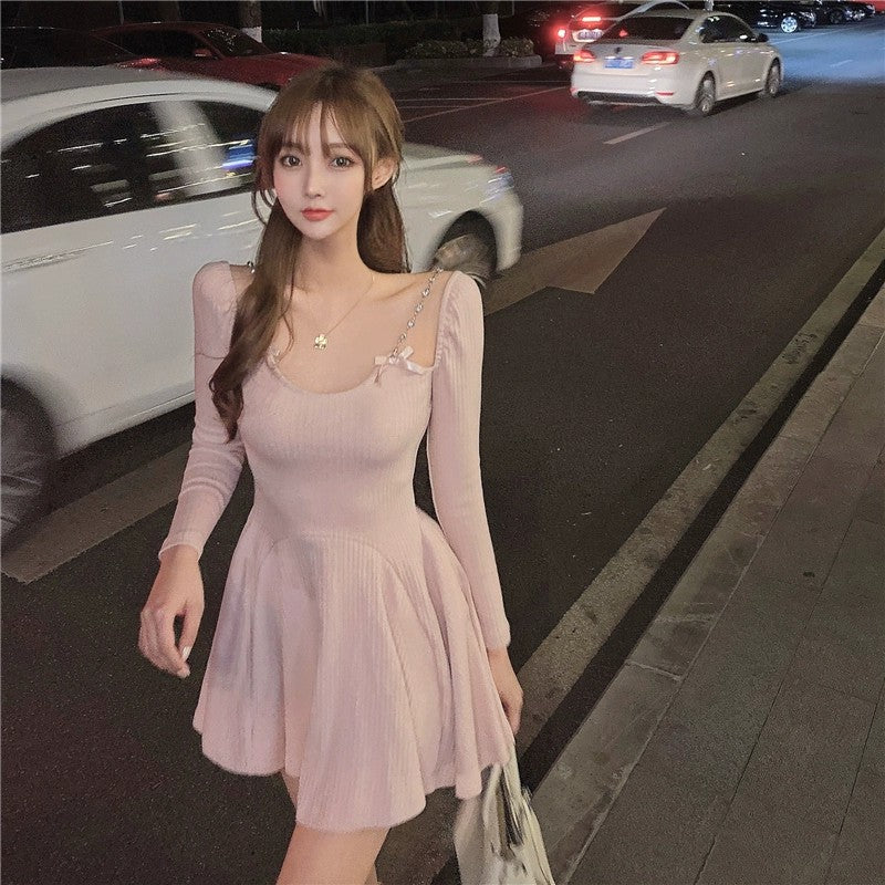 Bow Knot Long Sleeve Waist Knit Dress   HA2131