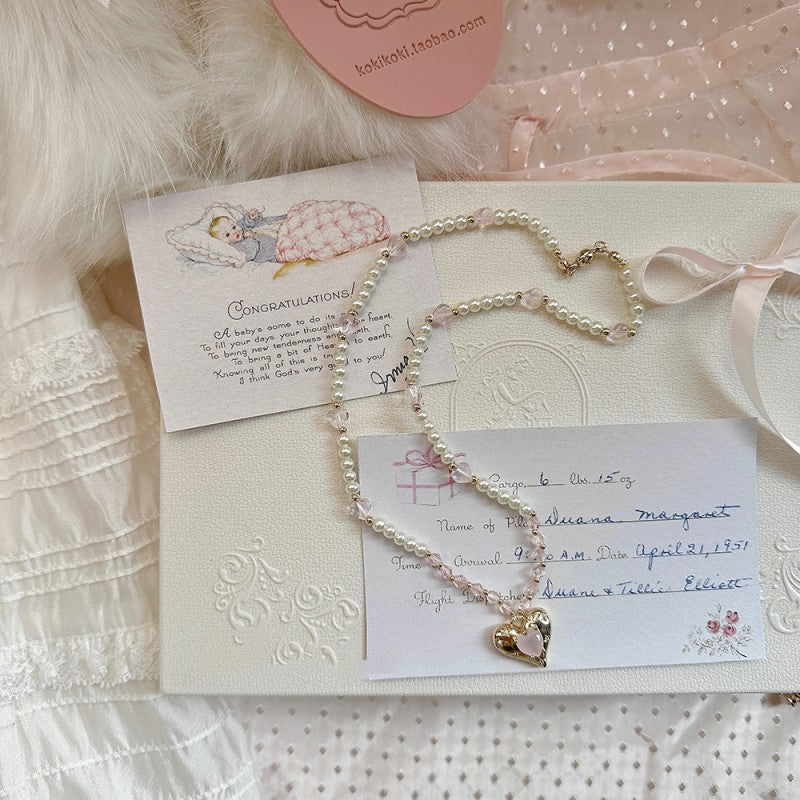 Heart Rose Quartz Pearl Necklace   HA1939