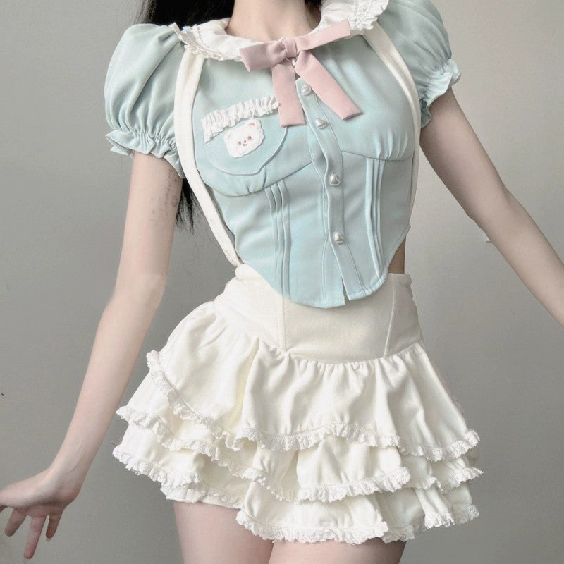 Doll collar top suspenders cake skirt sweet two-piece set HA1955