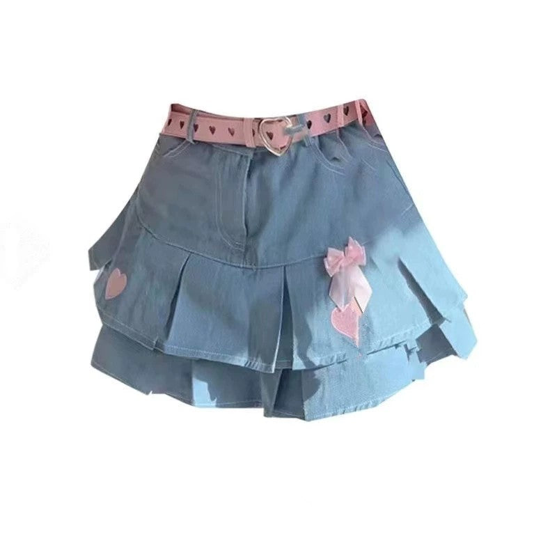 Bow Double Layer Denim Skirt   HA1782