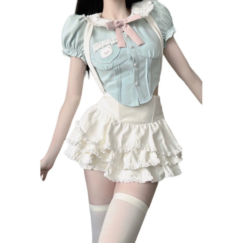 Doll collar top suspenders cake skirt sweet two-piece set HA1955