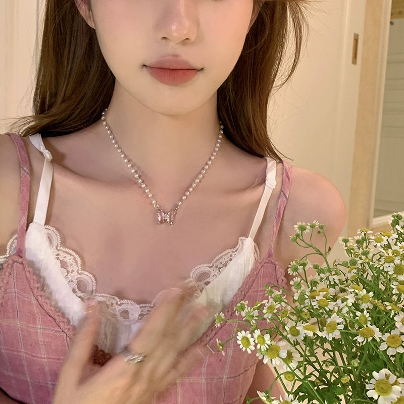 Crystal Butterfly Pearl Necklace  HA2157