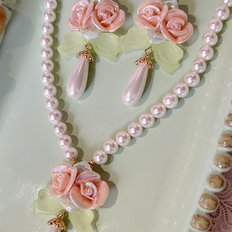 Ceramic Rose Pearl Necklace Earrings   HA1842