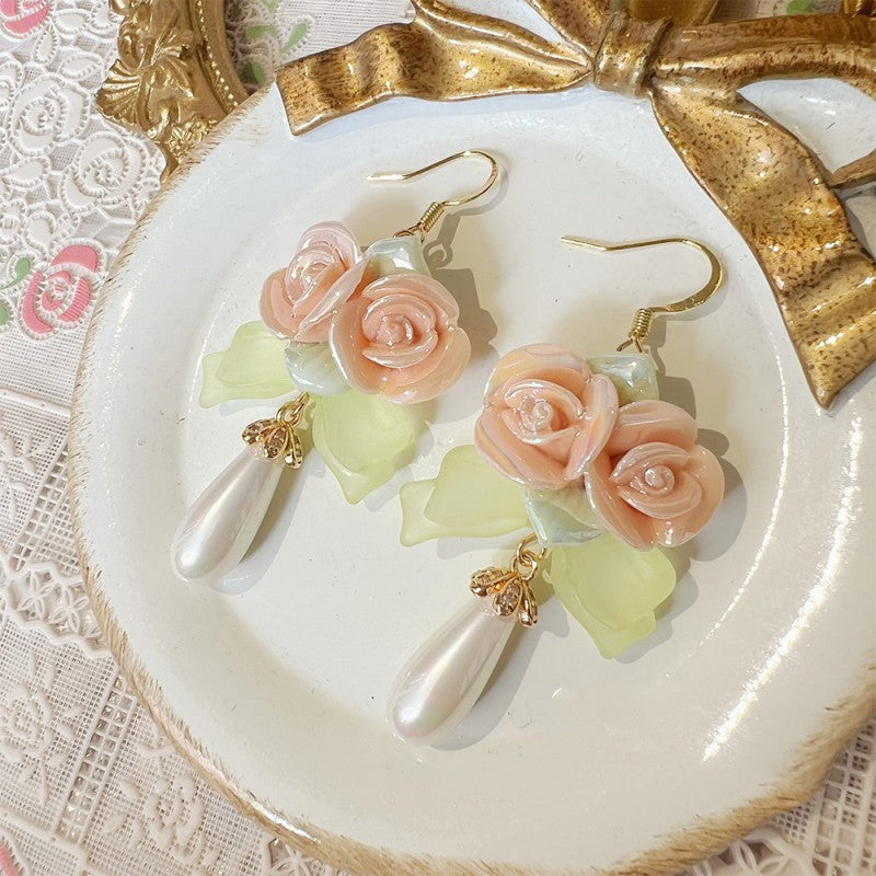 Ceramic Rose Pearl Necklace Earrings   HA1842