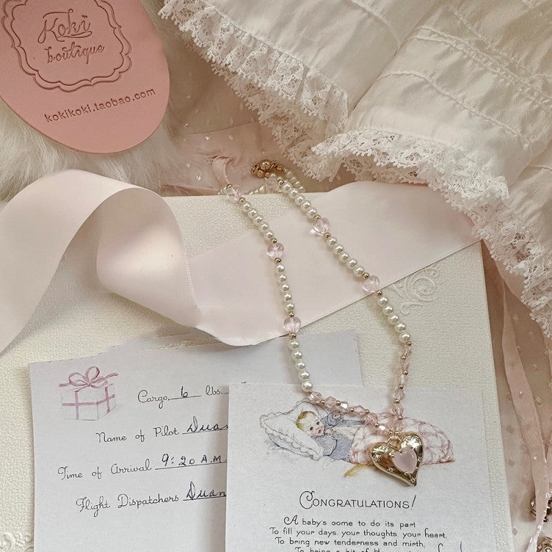 Heart Rose Quartz Pearl Necklace   HA1939