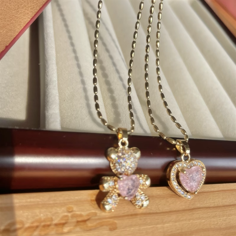 Pink Heartbeat Bear Pendant Necklace HA2404
