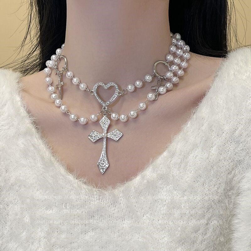 Heart Pearl Necklace Punk Cross HA1563