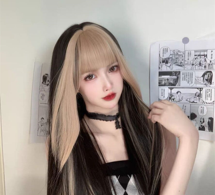 Long Straight Hair Blonde Bangs Wig Set  HA0046