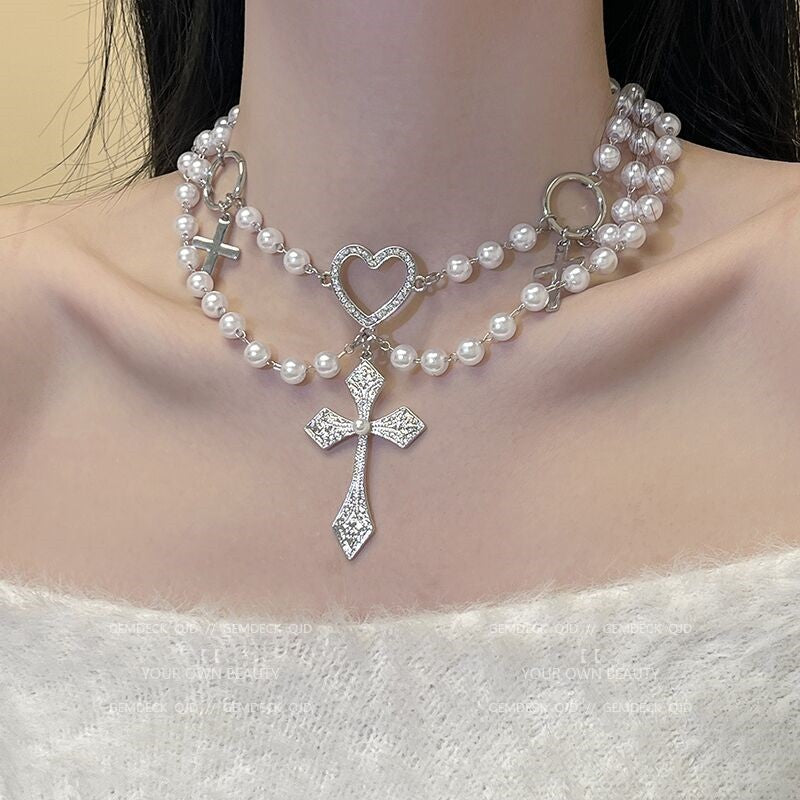 Heart Pearl Necklace Punk Cross HA1563