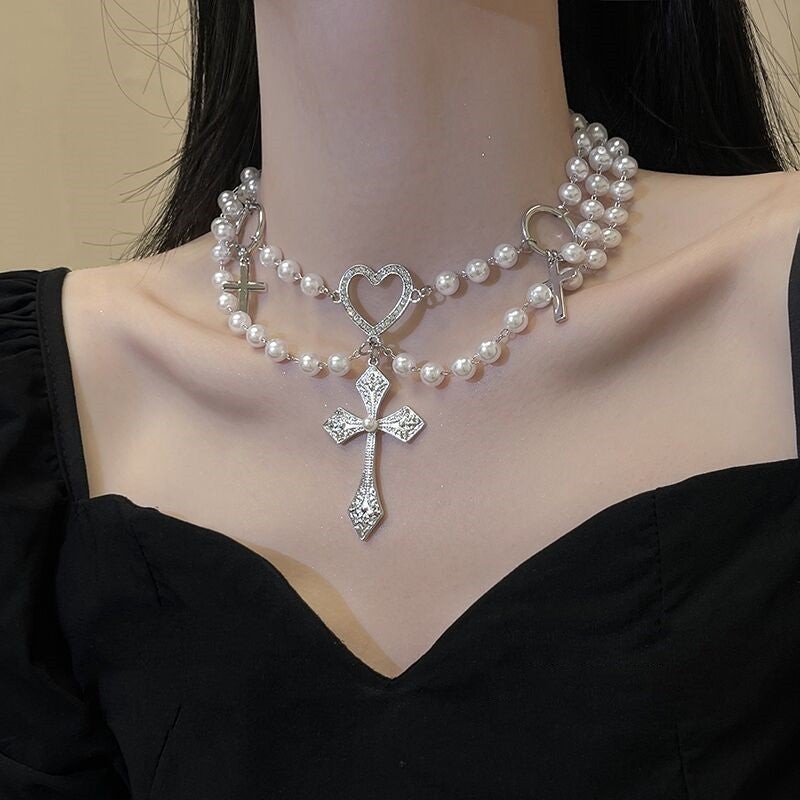 Heart Pearl Necklace Punk Cross HA1563