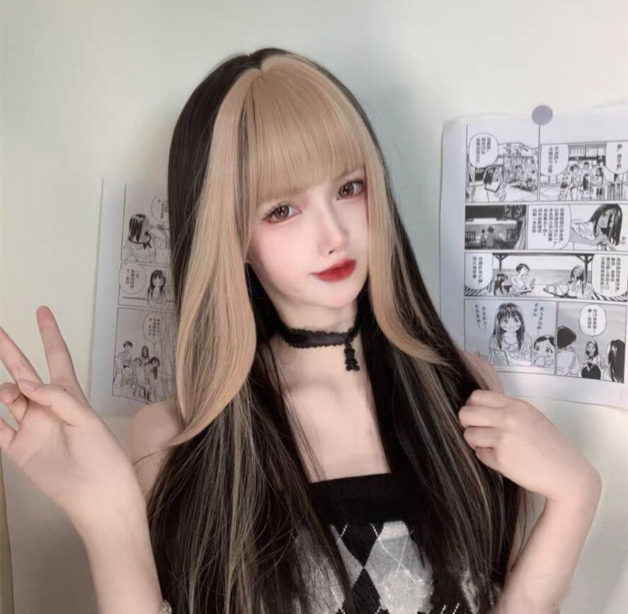 Long Straight Hair Blonde Bangs Wig Set  HA0046