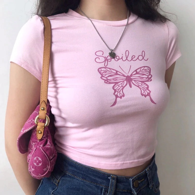 Butterfly Letters Pink Print T-Shirt HA0540